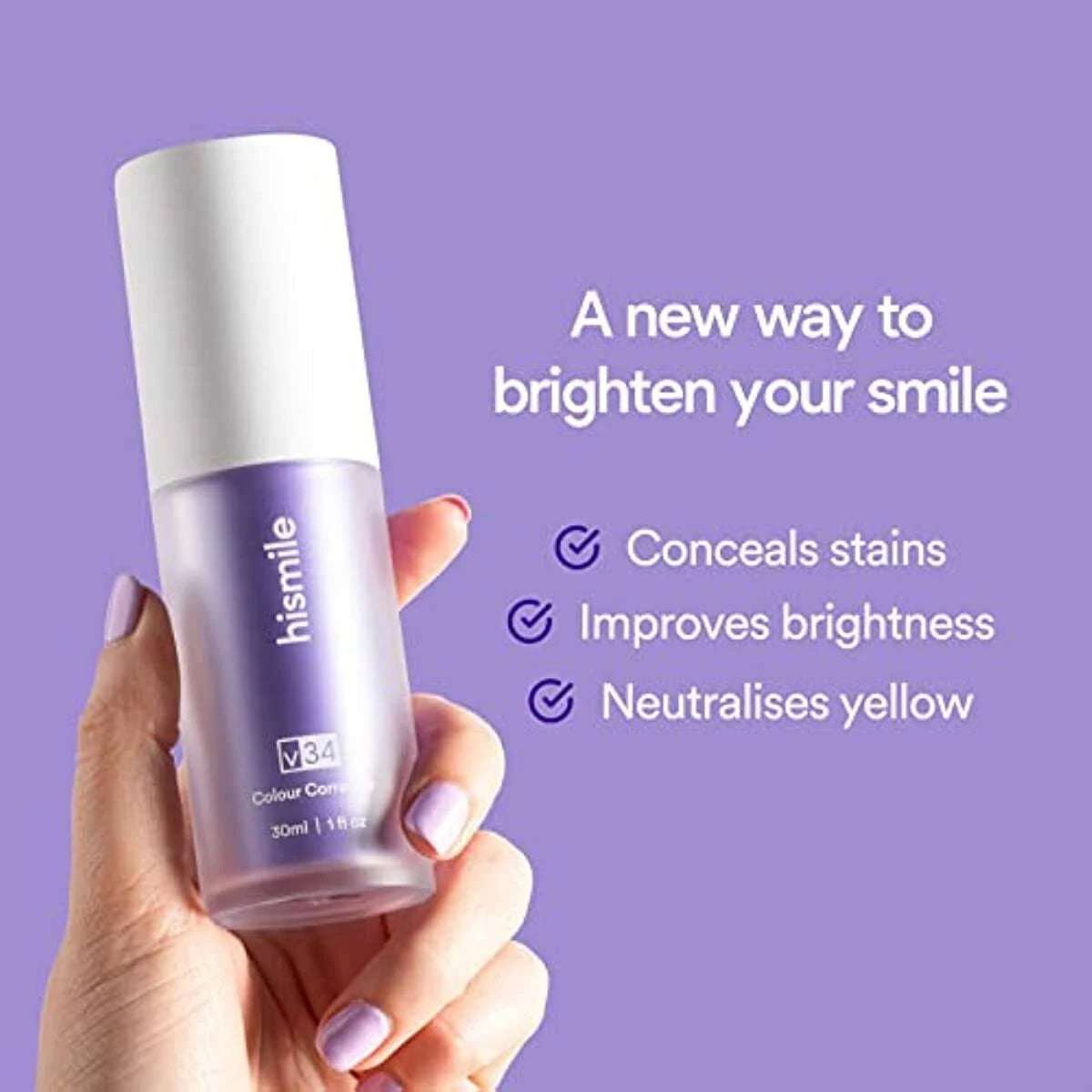 Bottle of 'hismile' product held by a hand with a purple background and text about product benefits.