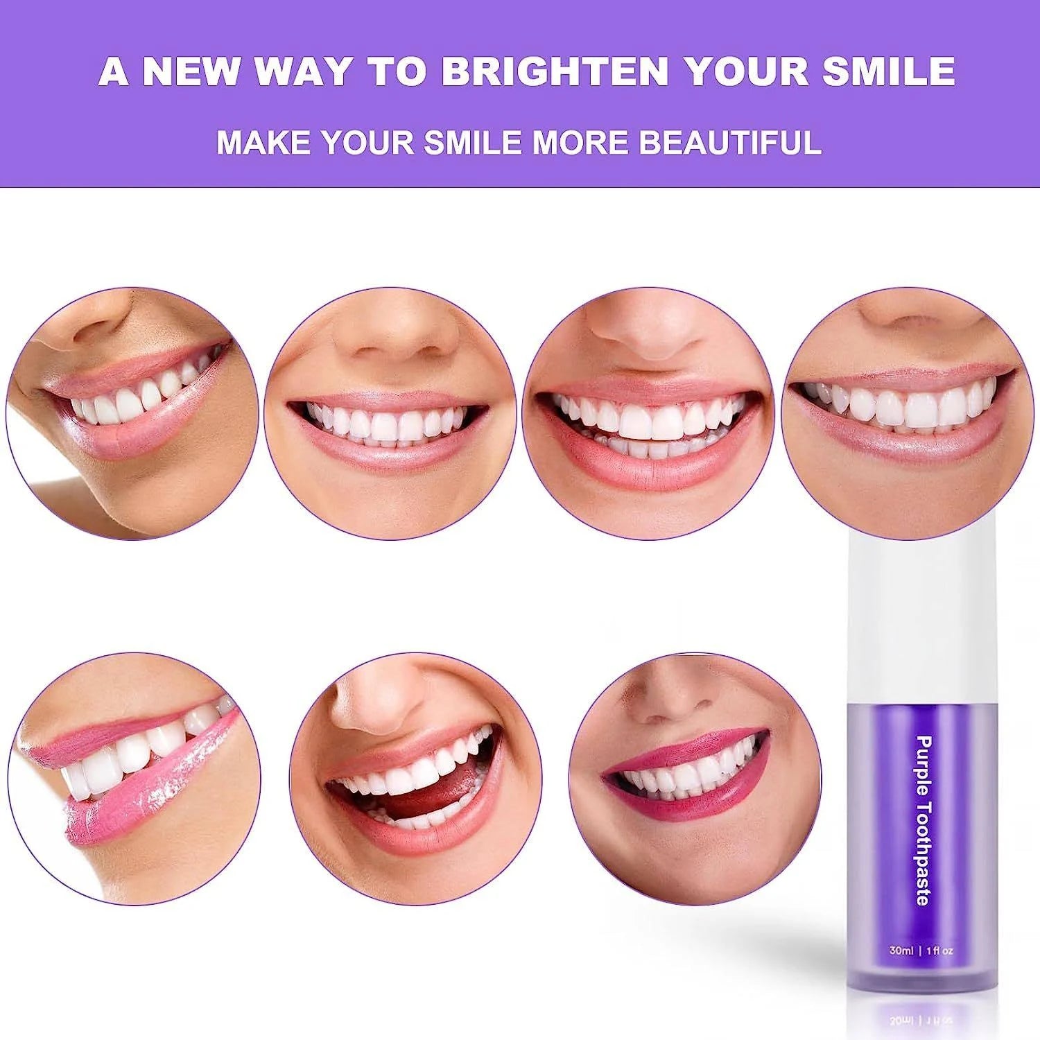 Advertisement for purple toothpaste with images of smiling mouths and a tube of toothpaste.