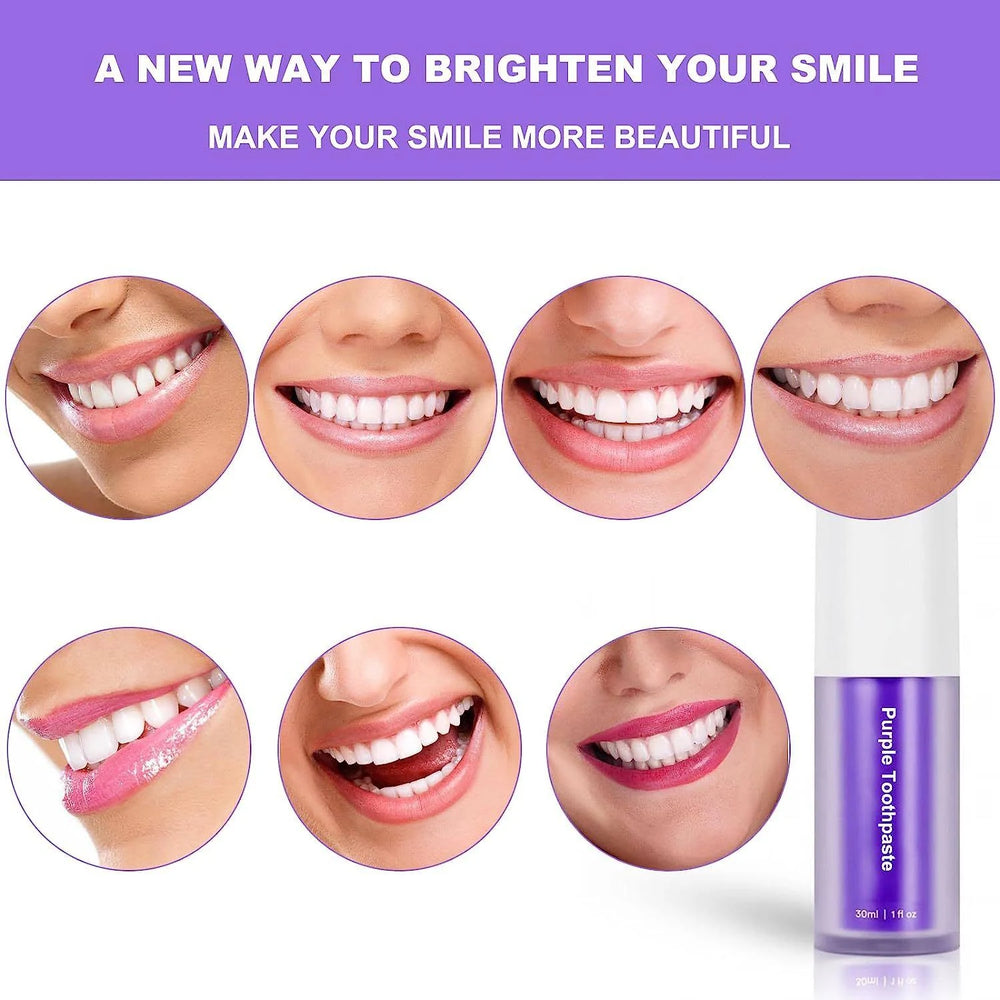 Advertisement for purple toothpaste with images of smiling mouths and a tube of toothpaste.
