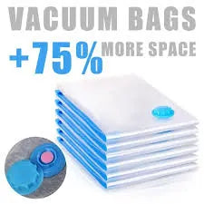 A stack of white and blue vacuum bags with a blue cap, shown on a white background with promotional text reading 'VACUUM BAGS +75% MORE SPACE' and a circular inset showing the cap detail.