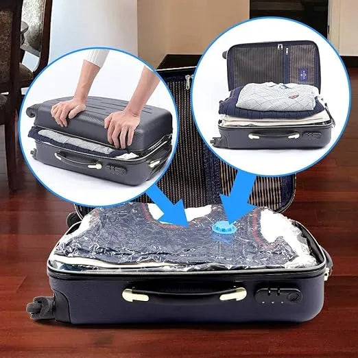 Suitcase with a packing cube and a clear plastic sheet on a wooden floor.