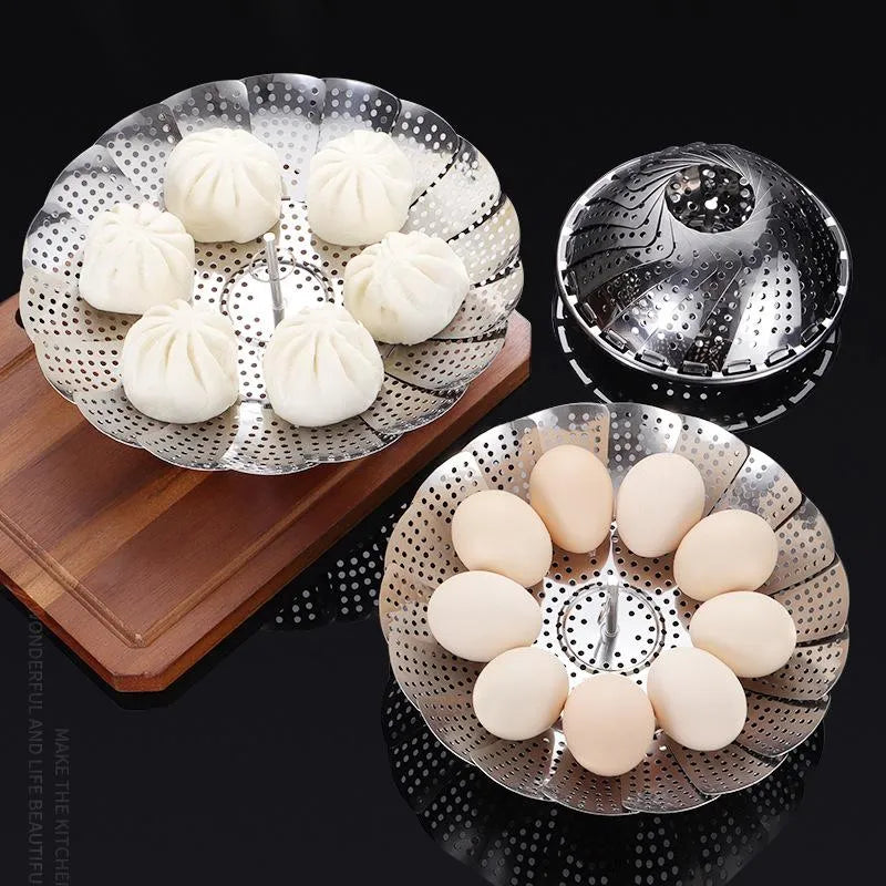 Stainless steel vegetable steamer basket for evenly steaming vegetables, seafood, and more.