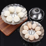 Stainless steel vegetable steamer basket for evenly steaming vegetables, seafood, and more.