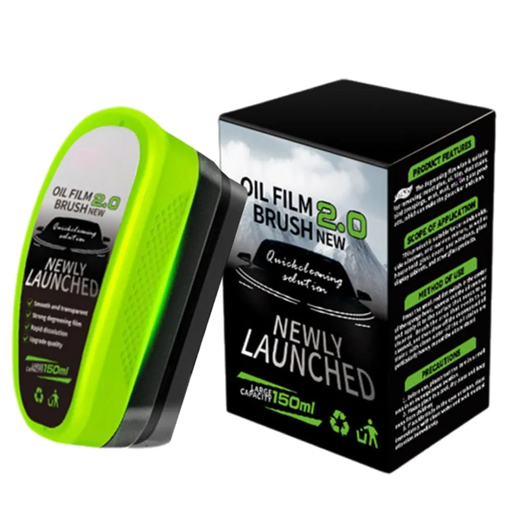 Oil Film Brush 2.0 packaging with a black box and green brush handle on a white background