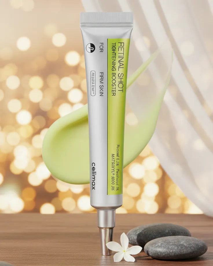 Celimax retinal tightening booster 15ml formulated with 0.1% retinal and Matrixyl 3% for smoother-looking skin.