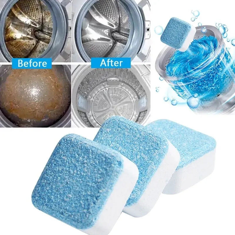 Before and after comparison of a washing machine filter with cleaning solution and scrubber.