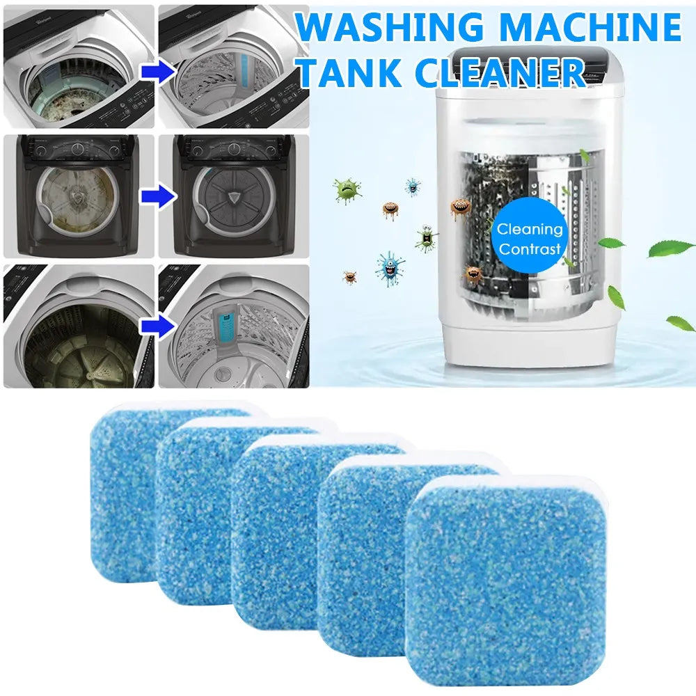 Washing machine tank cleaner with before-and-after images and cleaning contrast illustration.