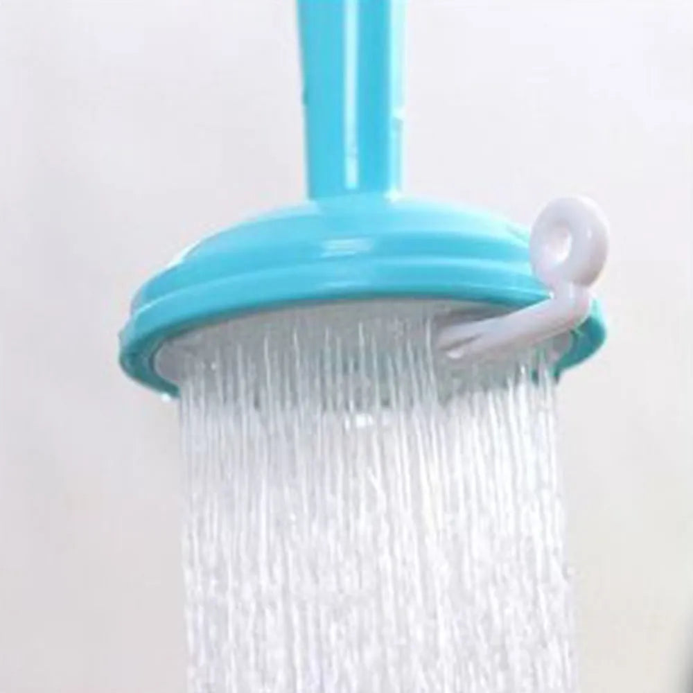 Blue shower head with water flowing against a white background