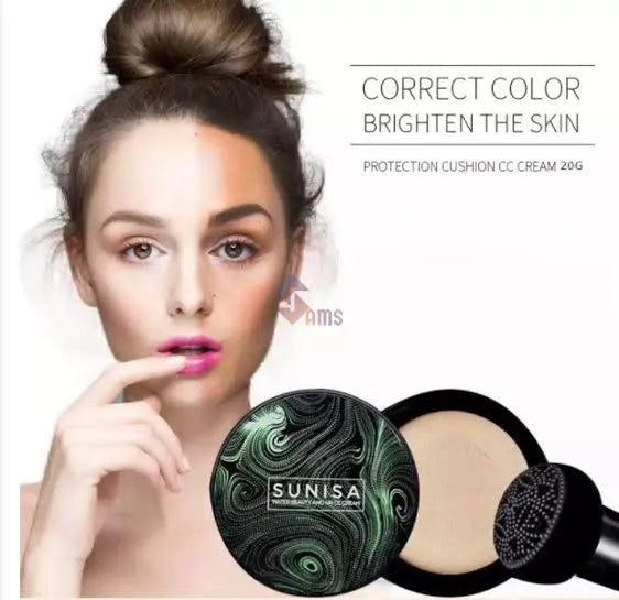 Waterproof air cushion foundation cream with a soft mushroom applicator for natural makeup coverage.