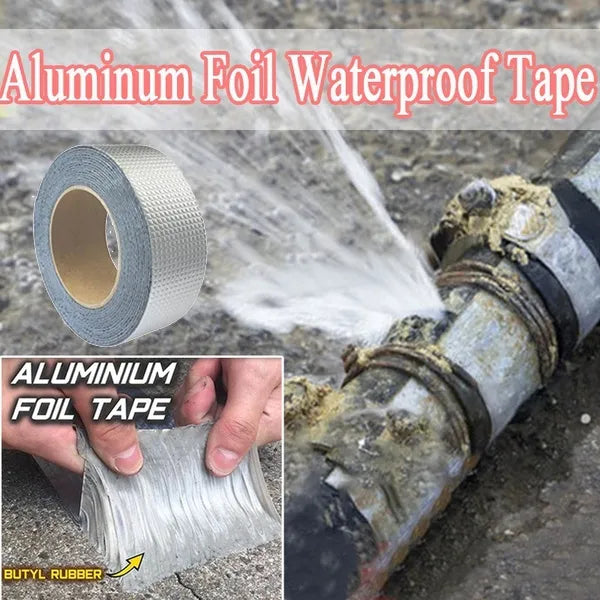 Aluminum foil waterproof tape being used to repair a leaking pipe with text overlay.