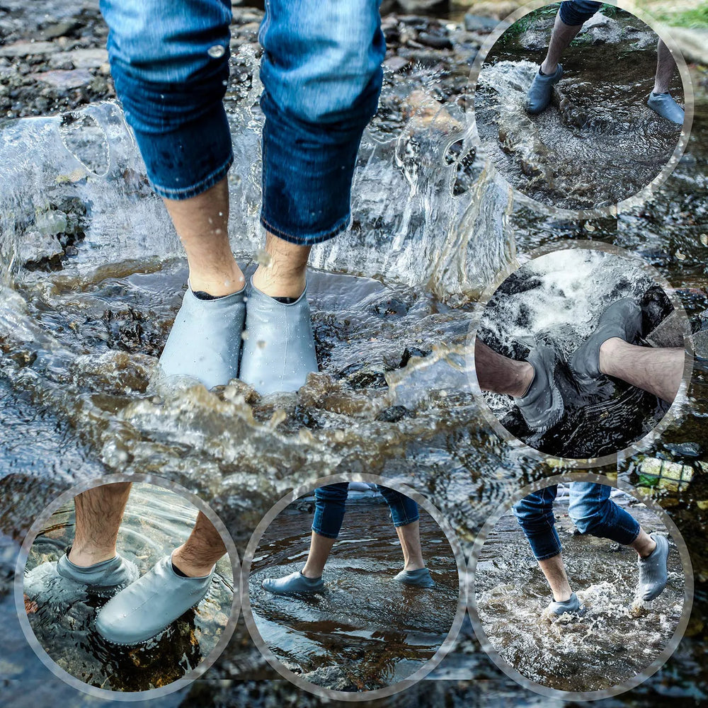 Waterproof rain shoe covers made from durable silicone gel for outdoor use in rainy conditions.