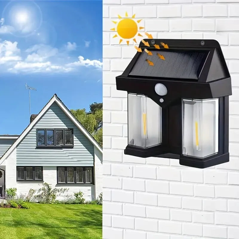 Solar-powered outdoor light fixture on a white brick wall with a house in the background.