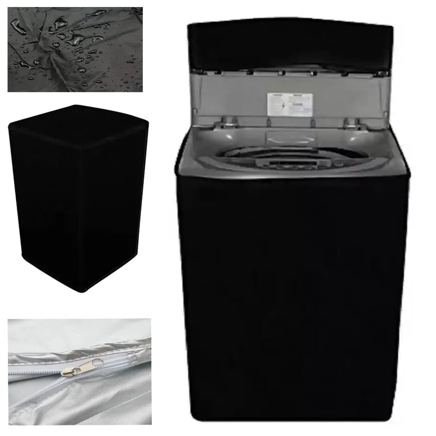Black washing machine cover with water droplets and zipper details on a white background