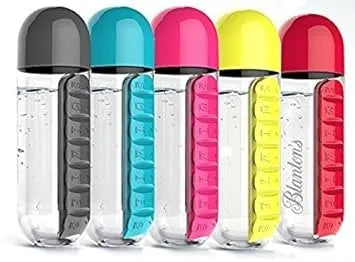 Weekly pill organizer water bottle featuring a 600ml bottle and separate daily medication compartments.