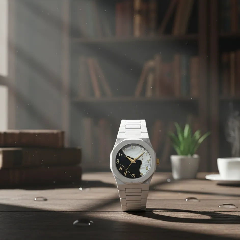 A minimalist white watch with a white ceramic or resin band and a black dial with gold hands, standing on a wooden table in a softly blurred library or study setting with bookshelves, sunlight, and a small plant.