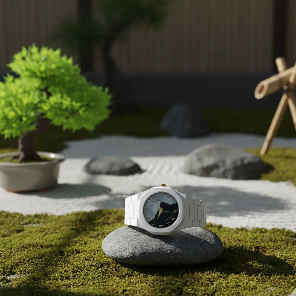 White watch on a stone in a zen garden setting