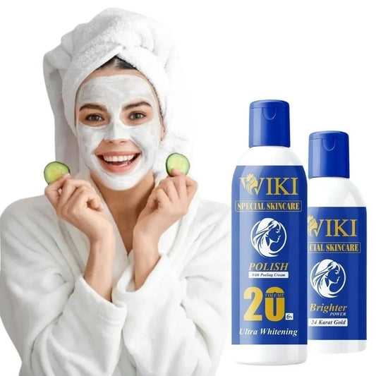 Woman applying facial mask with WIKI skincare products