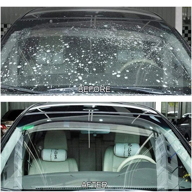 Before and after comparison of a car windshield with cleaning product application