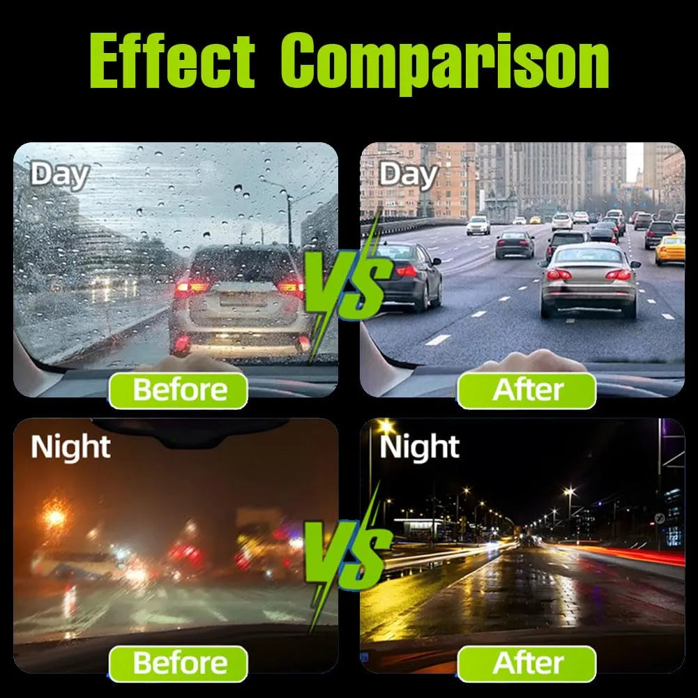 Comparison of windshield before and after using a windshield wiper or cleaning product during day and night.