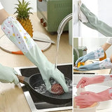 Collage of hands wearing colorful gloves performing various tasks in a kitchen.