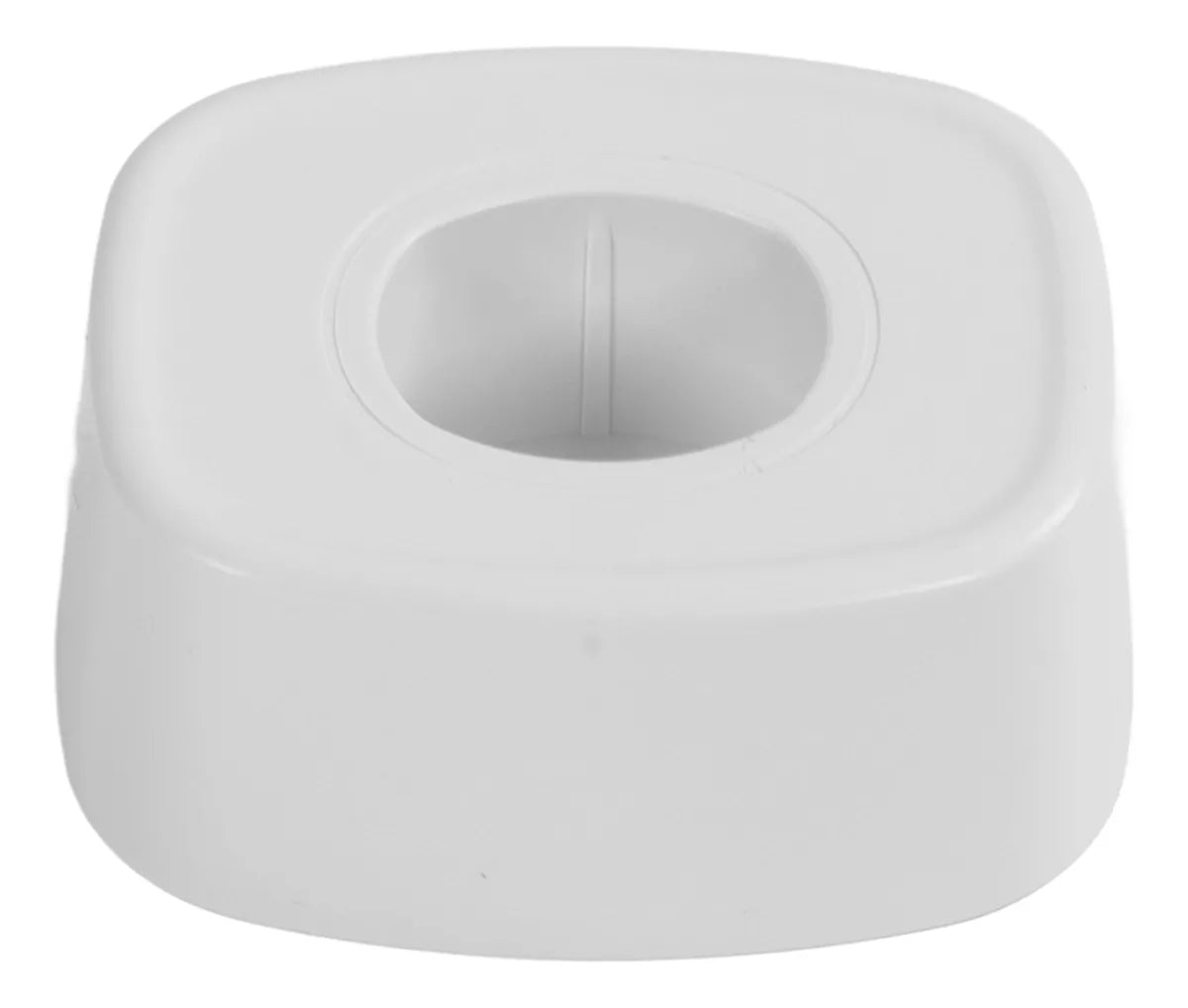 White plastic fitting with a circular hole on a white background