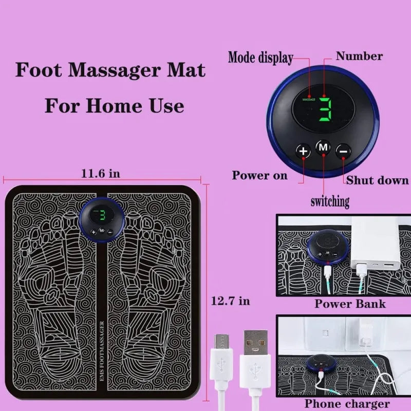 EMS and TENS foot massager mat designed to provide adjustable massage for everyday comfort and relaxation.