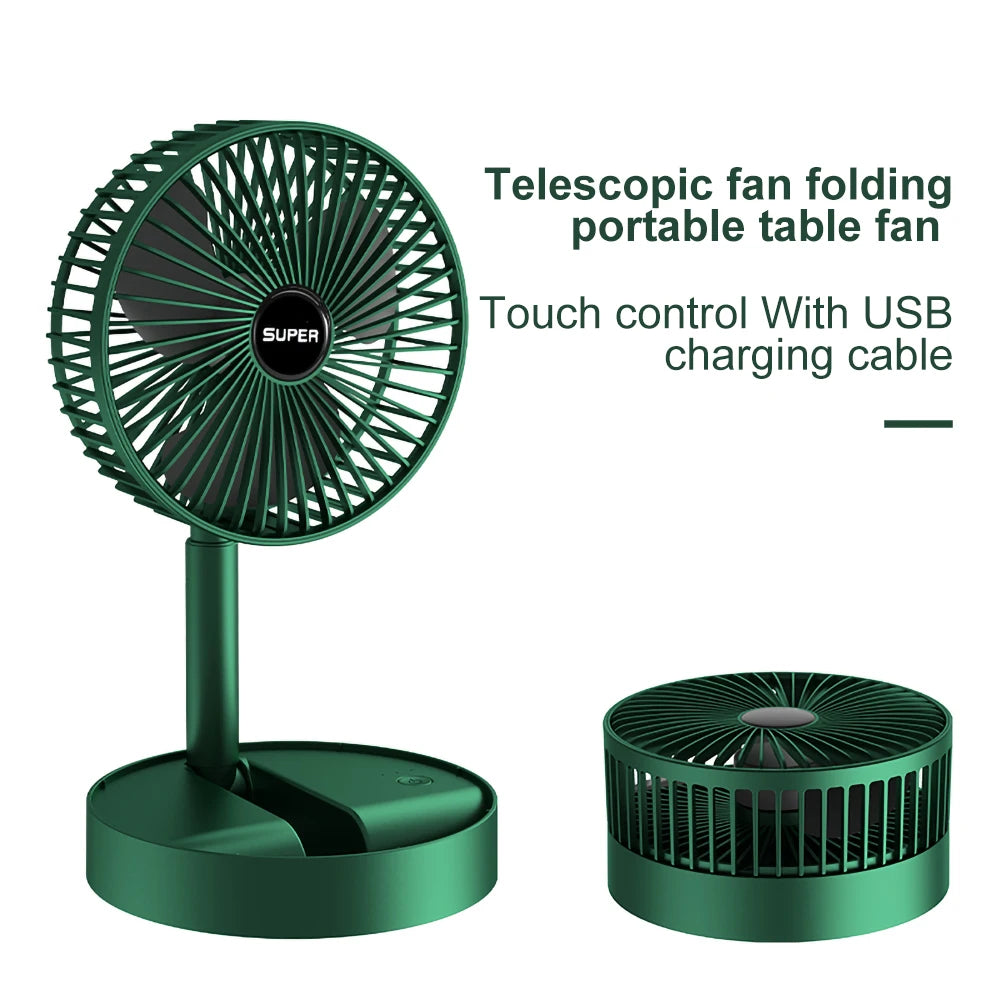 Wireless rechargeable table fan featuring a telescopic foldable design for flexible airflow.