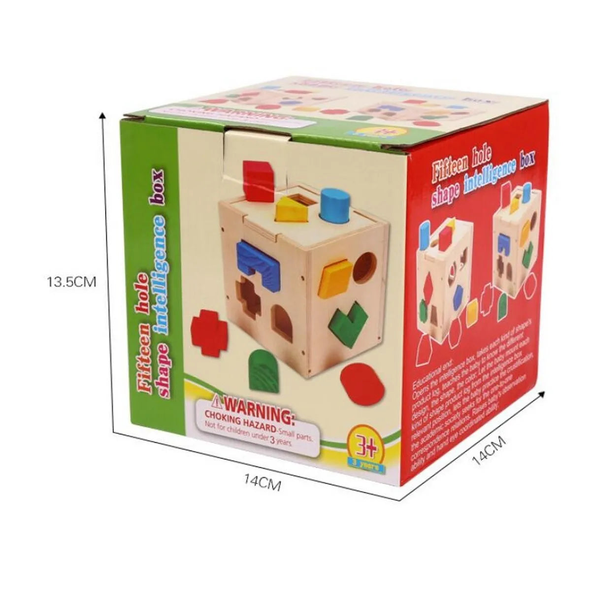Wooden geometric shape sorting puzzle designed to encourage learning through hands-on play.