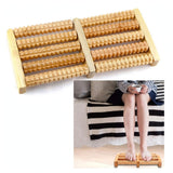 Wooden foot roller massager 5 rows double foot acupressure massager with diamond texture - lifestyle image woman using on sofa - high resolution clear product