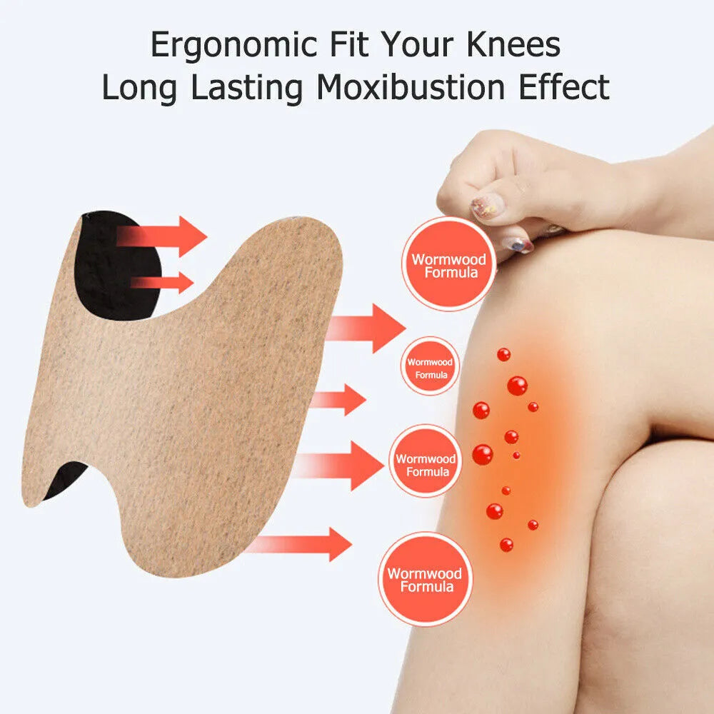 An informational graphic showing a knee-shaped adhesive patch applied to a knee, with text reading 'Ergonomic Fit Your Knees Long Lasting Moxibustion Effect' and circular callouts labeled 'Wormwood Formula.' A hand is touching the knee on the right side.