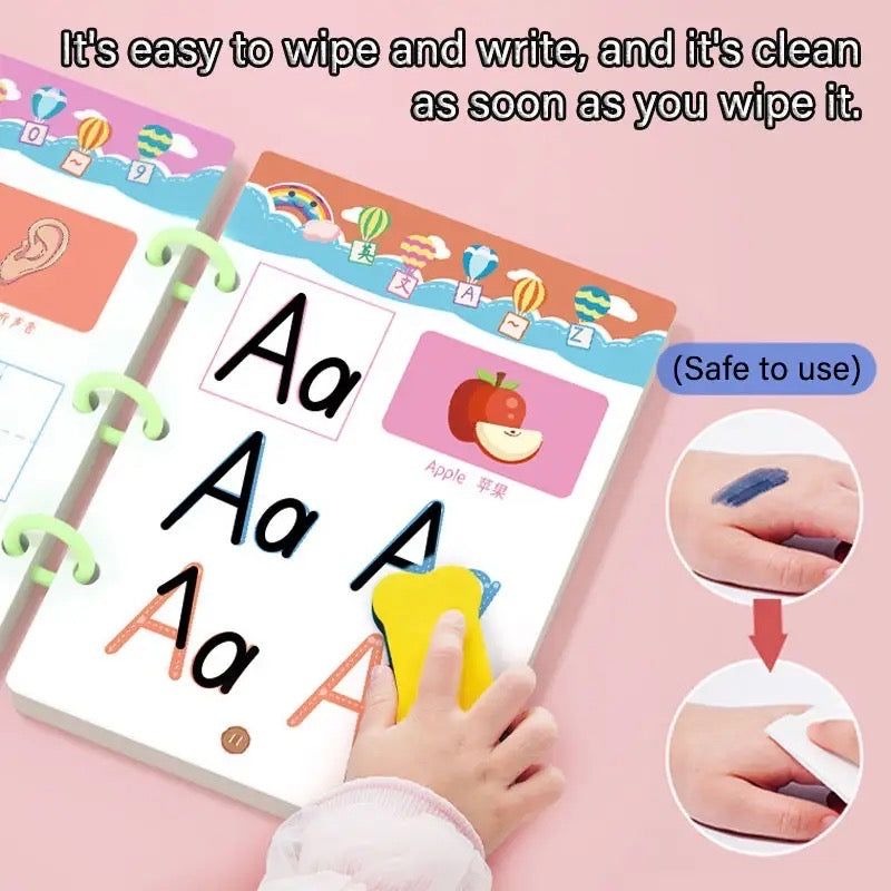 Children's educational book with letter 'A' and apple illustration, hand wiping 