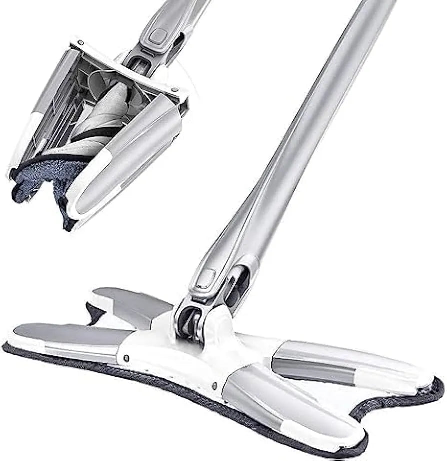 X-type flat squeeze mop with a hand-free wringing mechanism for efficient floor maintenance.