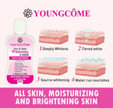Youngcombe Face & Body Whitening Lotion bottle with skin layer diagram on a pink background